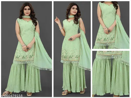 Georgette embroidered sleeveless sequence work Kurta Sharara set with dupatta - Indian wedding party & festivals fashion