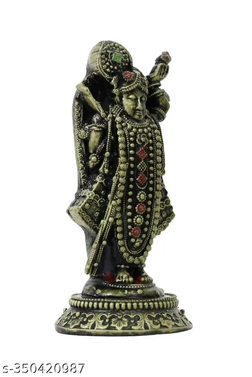 Multicolor black resin Krishna idol, Shrinathji statue for home temple decor, Indian handicraft gift, 6.5cm x 14.5cm x 2.5cm