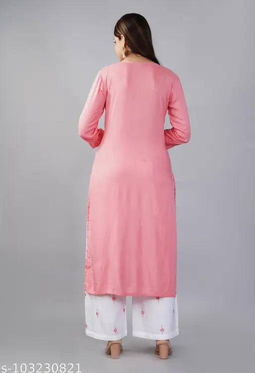 Rayon rayon peach embellished kurta set with palazzos, single size available