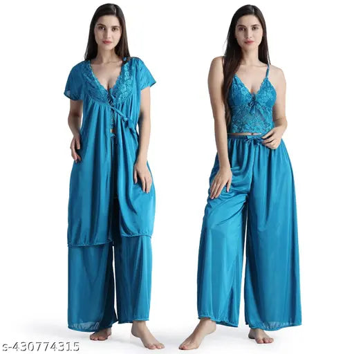White satin nightdress with short sleeves and robe, lace detailing, women's sleepwear set in S, M, L