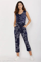 Navy Blue Crepe Sleeveless Paper Printed Jumpsuit - Trendy and Comfortable Women's Fashion from India (M-XL)