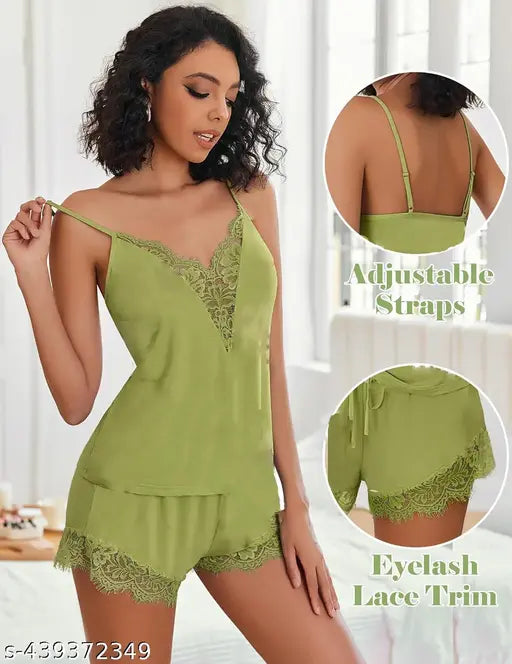 Green nylon nightdress set for women and girls, sleeveless spaghetti top and short pants, fits sizes 28-36