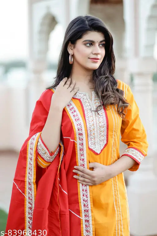 Sahara-colored Gota lace pure cotton kurta with dupatta & sharara, three-quarter sleeves. Indian women's traditional outfit from Ramani Store on Gillkart