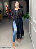 Georgette Nayra Cut Kurti, single-toned Indian women's fashion with three-quarter sleeves