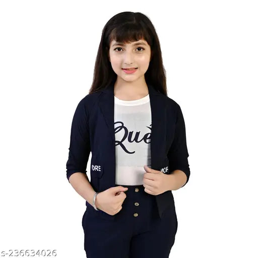 Navy blue cotton blend girls clothing set: 45 Years - 15-16 Years, partywear & casual dresses with printed jackets, white tee, and navy pants