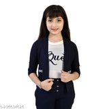 Navy blue cotton blend girls clothing set: 45 Years - 15-16 Years, partywear & casual dresses with printed jackets, white tee, and navy pants
