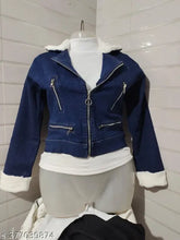 Winter denim fur jacket for girls, solid design in long sleeves, denim fabric, size 10-15 years