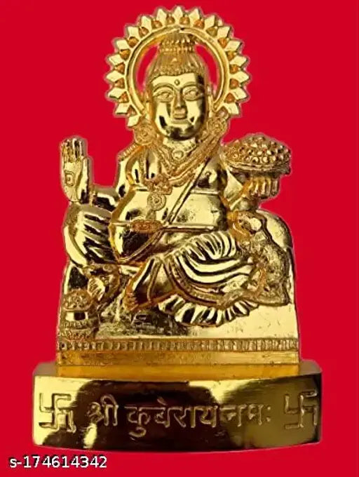 Gold-plated brass Kuber statue, yellow, 11cm height. Handcrafted spiritual showpiece for car dashboard or home decor