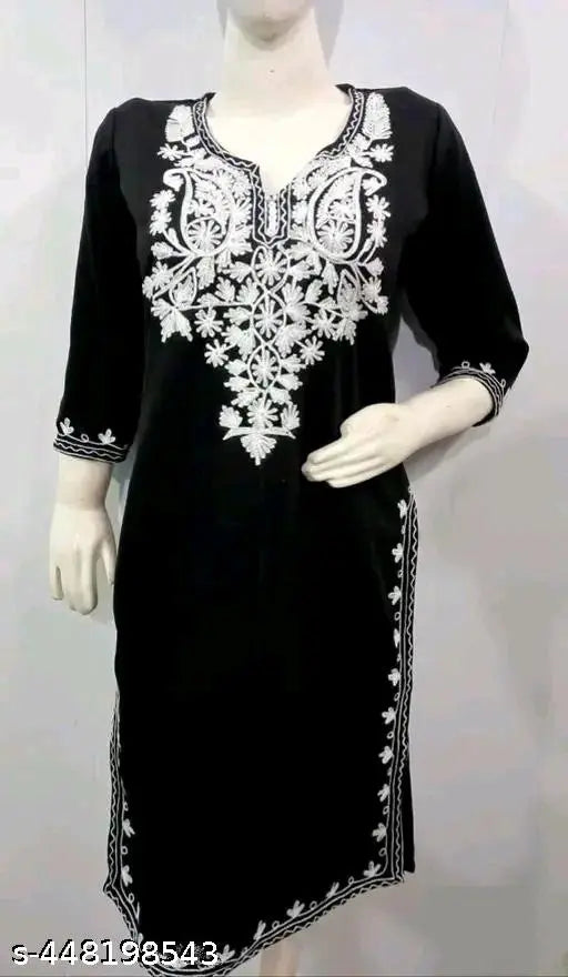 Woolen embroidered kurti, three-quarter sleeves, earthy tones, Indian fashion for women (M: 38in bust/41in length, L: 40in bust/42in length, XL: 42in bust/42in length, XXL: 44in bust/42in length, XXXL)
