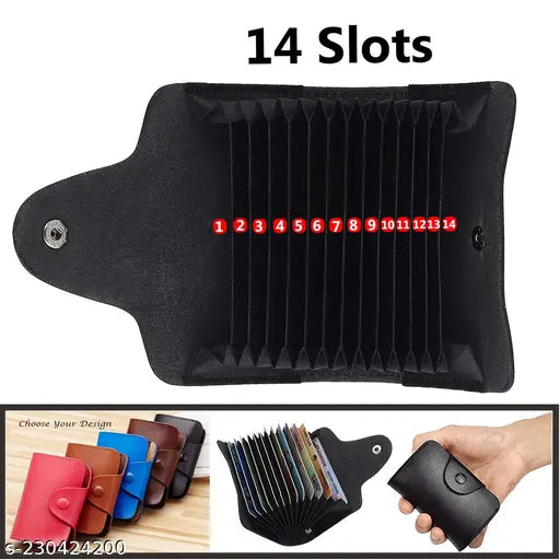 Black genuine leather 13-slot debit/credit card holder with 2 cash slots, perfect modern accessory for shopping or sports. Solid black design in a compact size (10.5cm x 7.5cm x 2.6cm). Choose from 3 colors, gift box included