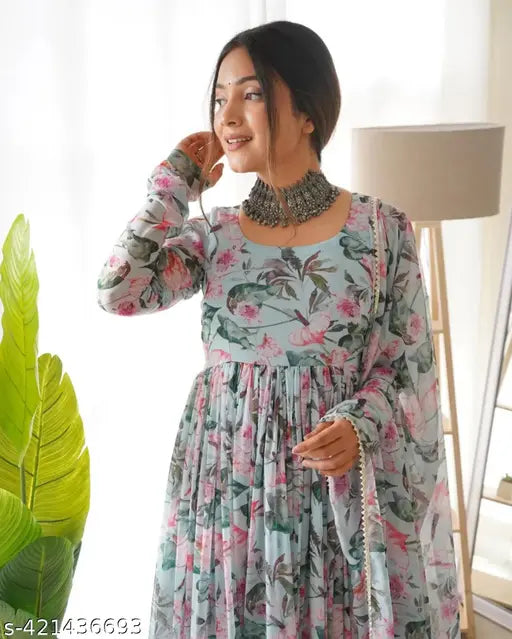 Modern stylish georgette blue anarkali kurta with printed design, comfortable fit for daily wear, suitable for office use. Sizes: S-XXL, India origin