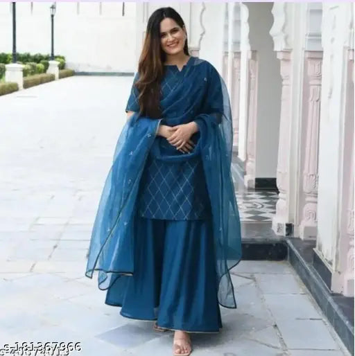 Rayon fashion kurta with printed combo, three-quarter sleeves, S-XXXL sizes. India-made NORA rayon kurti set with dupatta and sharara