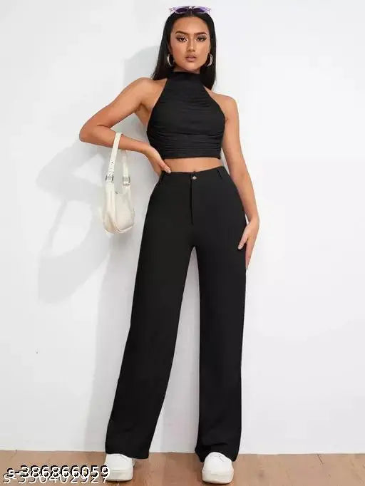 Cotton blend ankle-length trousers for women, solid net, slim fit with elastic waist and front seam detail, high rise, straight leg, under $200, India origin