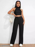 Cotton blend ankle-length trousers for women, solid net, slim fit with elastic waist and front seam detail, high rise, straight leg, under $200, India origin