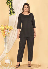 Striped cotton kurta set with three-quarter sleeves, Indian night suit for men