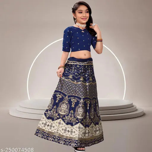 White jute-cotton kids lehenga set with floral stitch, three-quarter sleeves, semi-stitched net. Size: 7-8 years (30 waist, 28 length), 9-10 years (32 waist, 32 length), 11-12 years (32 waist, 36 length). Indian ethnic wear for girls