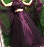 Wine-colored flared jute silk and net partywear lehenga choli set, featuring a wine-colored blouse with wine ruffles and matching dupatta. Indian Western style for women and girls, free size