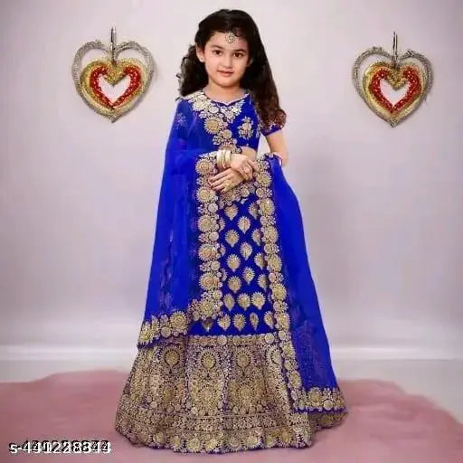 Embroidered satin lehenga choli set with net dupatta for Indian weddings and festivals, size 0-15 years, made in India