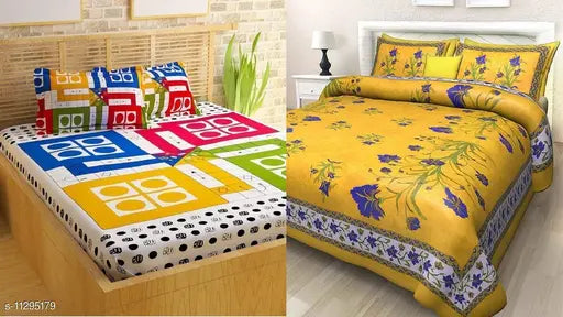 Jaipuri printed cotton double bed sheet combo pack, 2 queen size bedsheets with 4 ludo print pillow covers. Handcrafted Indian best quality bed linens