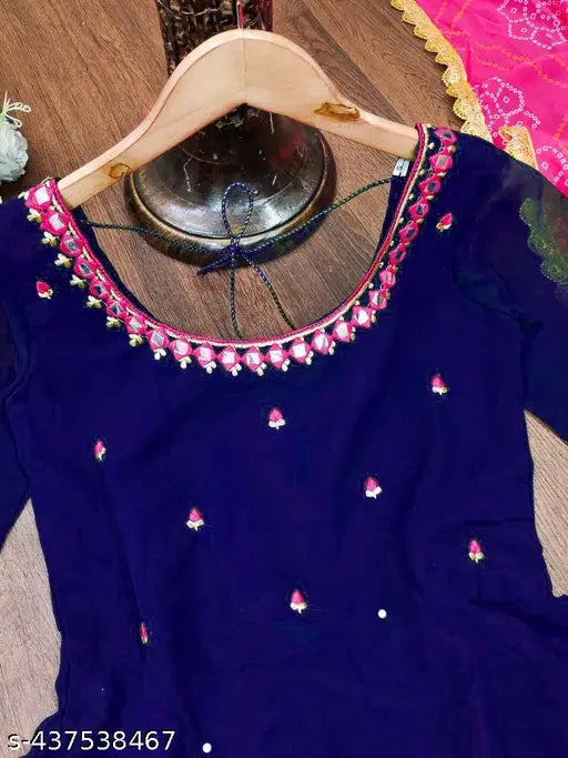 Blue embellished bandhni Georgette maxi dress with mirror work, featuring digital print dupatta with four-side lace and stone work, for casual dressing. Made in India (color may vary)