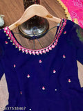 Blue embellished bandhni Georgette maxi dress with mirror work, featuring digital print dupatta with four-side lace and stone work, for casual dressing. Made in India (color may vary)