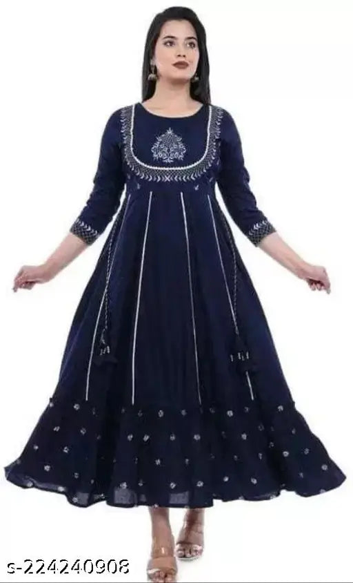 Rayon embroidery work long Anarkali Kurta, printed combo with three-quarter sleeves, vibrant Indian traditional women's dress, XL (bust size: 44in)