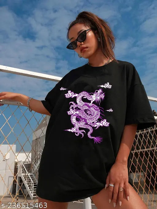 Cotton blend oversize dragon t-shirt, lavender pink and black, women's casual style for under 199 - 399, varsity inspired design with three-quarter sleeves