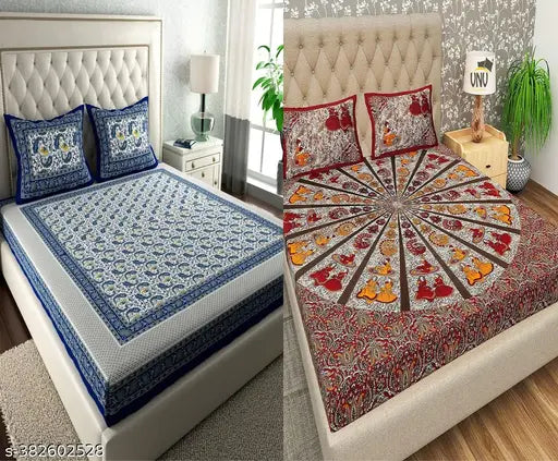 Jaipuri cotton double bed fine print bedsheets, thread count 160, 4 pillow covers - VNV Creation, ideal for summer