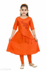 Rayon and cotton three-quarter sleeve embellished top with solid cotton bottom, girls clothing set for 4-5 years