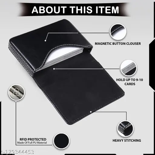 Black PU card holder, JnD Men's/Women's free size, solid black business card organizer with magnetic closure for cards and IDs