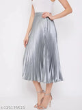 Women's trendy pleated satin midi skirt, elastic waistband, full length, flared hemline, polyester lining. Satin skirt for all body types, travel-friendly fabric. Available sizes: 28, 30, 32, 34, 36, 38, Free Size (India origin)