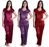 Purple-wine maroon satin nightwear combo set for women (pack of 3), dream night brand quality fashionable sleepwear