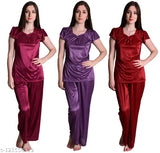 Purple-wine maroon satin nightwear combo set for women (pack of 3), dream night brand quality fashionable sleepwear