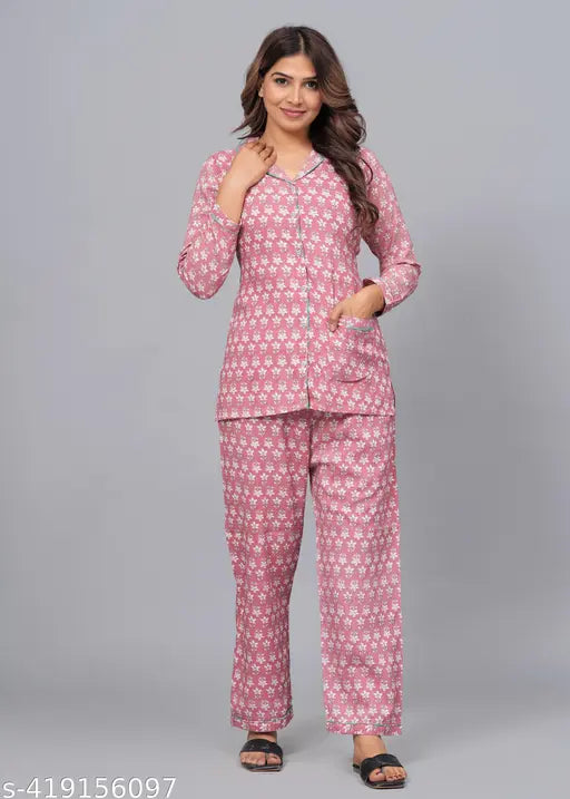 Women's printed viscose rayon night suit set, including top and pyjama pants with three-quarter sleeves