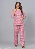 Women's printed viscose rayon night suit set, including top and pyjama pants with three-quarter sleeves
