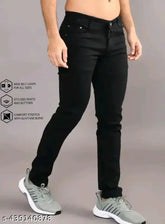 Black denim men's regular fit jeans, stylish essential for modern wardrobes with solid pattern and versatile fits