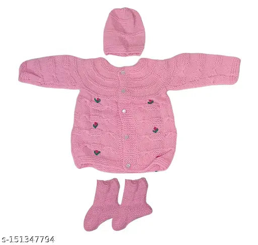 Handmade woolen sweater set with cap and booties for 0-9 month babies, self-designed, long-sleeved, made in India