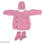 Handmade woolen sweater set with cap and booties for 0-9 month babies, self-designed, long-sleeved, made in India