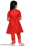 Red Baby Girls Nayra Cut Cotton Blend Kurta & Churidar Set, festive and party wear for girls aged 1-10 years, featuring printed round neck, long sleeves, embroidery on front panel, and breathable comfort. Made in India