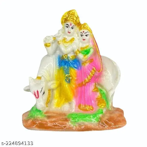 Hand-crafted poly resin Radha Krishna idol statue, depicting Hindu divine love couple with cow, ideal for anniversary wedding gifts and spiritual decor