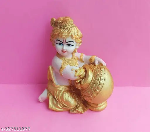 Gold-finished handcrafted poly resin Indian Krishna Makhan Chor statue, 10 cm x 15 cm x 7.5 cm, for Puja gift