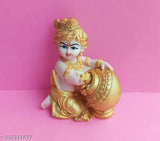 Gold-finished handcrafted poly resin Indian Krishna Makhan Chor statue, 10 cm x 15 cm x 7.5 cm, for Puja gift