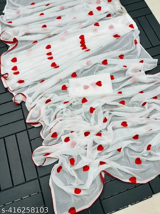 Red & white heart saree combo, Georgette fabric with thread gamthi work and border piping, College Special, free size (Saree length 5.5m, blouse length 0.8m), Indian-made