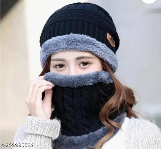 Black Arcylic Slouchy Beanie, fur lining, winter cap with muffler - stylish & warm, perfect for Autumn-Winter wear