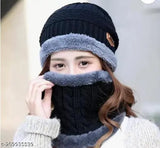 Black Arcylic Slouchy Beanie, fur lining, winter cap with muffler - stylish & warm, perfect for Autumn-Winter wear