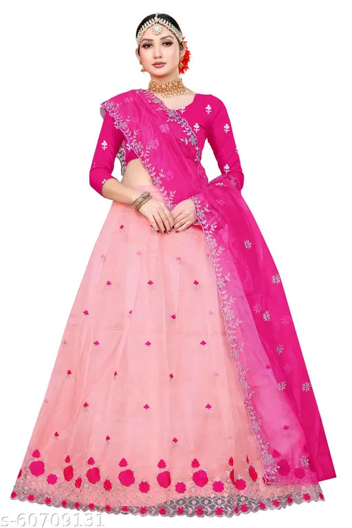 Embroidered dupion silk lehenga with net dupatta, heavy net fabric and multi-thread embroidery work, semi-stitched, Indian origin