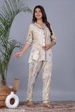 Pure rayon printed night suit for women, featuring an A-line design with shirt top and pyjama bottoms. Indian-origin nightwear in various sizes M, L, XL, XXL from AAVRITTI QUEENS