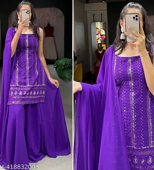 Purple georgette kurta set with dupatta and palazzo, embroidered trendy outfit for parties, festivals, or cocktail events. Made from faux georgette fabric with micro cotton inner lining, suitable for various occasions like #Fashionista #StyleGoals #WardrobeEssentials #TrendyOutfits #CottonKurta #KurtaSet #TrendyKurta #EthnicSet #KurtaLovers. Available in sizes XS, S, M, L, XL, XXL from India