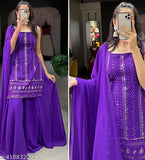 Purple georgette kurta set with dupatta and palazzo, embroidered trendy outfit for parties, festivals, or cocktail events. Made from faux georgette fabric with micro cotton inner lining, suitable for various occasions like #Fashionista #StyleGoals #WardrobeEssentials #TrendyOutfits #CottonKurta #KurtaSet #TrendyKurta #EthnicSet #KurtaLovers. Available in sizes XS, S, M, L, XL, XXL from India