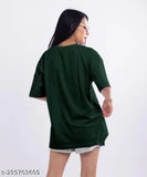 Bottle green cotton blend oversized t-shirt with three-quarter sleeves and printed pattern, size L, made by Myali in India